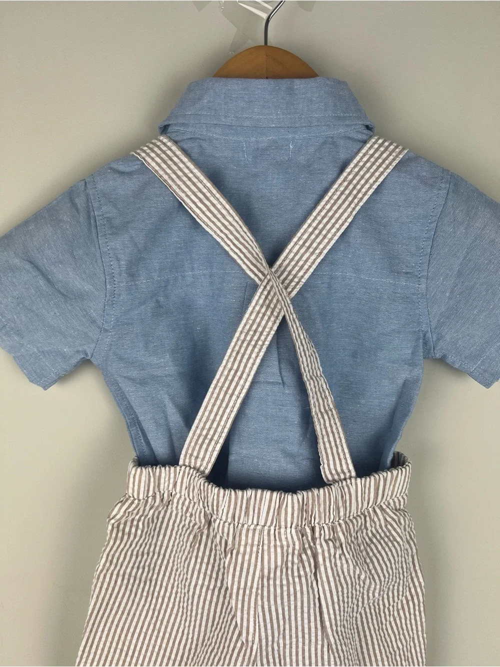 Mudpie Blue Chambray Shirt & Striped Suspender Shorts Set with Aqua Tie